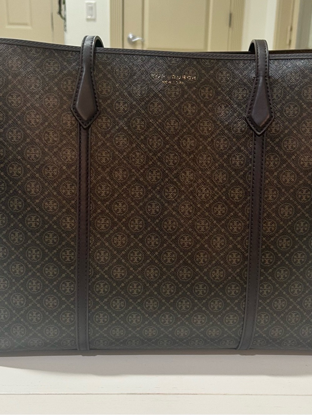 Tory Burch Brown Monogram Tote with Dark Trim